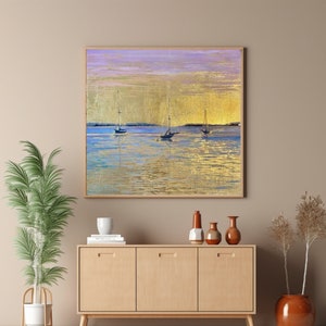 Peinture bateau à voile sur feuille d'or Peinture marine Voilier Coucher de soleil Peinture effet métallisé doré Decor pour cuisine 30x30cm