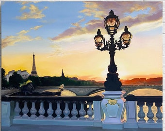 Paris original painting Cityscape painting Parisian vibe Sunset in Paris Eiffel Tower Modern canvas art Realism painting