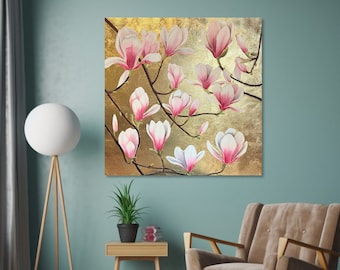 Magnolia Painting, Vintage Home Decor, Floral L-large wall art, Gold leaf canvas wall art, Abstract painting, Abstract Art Original Painting