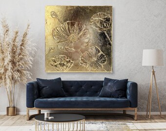 Textured Poppy painting Abstract Gold leaf monochrome painting Abstract painting on canvas Gold leaf floral art Large wall art