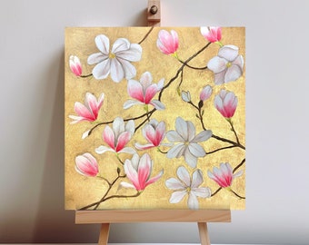 Peinture florale de feuille d'or, peinture acrylique de magnolia, art vintage, décor de salon, 30x30cm