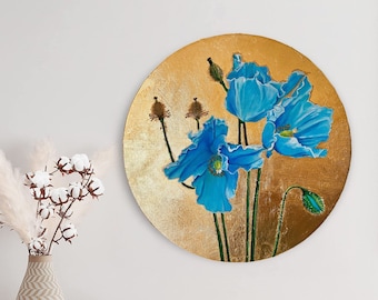 Blue flowers Poppy Gold leaf background Original Round Oil Painting by Syncope Mars 30cm