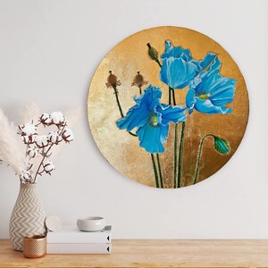 Blue flowers Poppy Gold leaf background Original Round Oil Painting by Syncope Mars 30cm