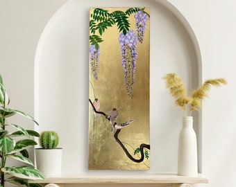 Gold Leaf Wisteria Original Painting, Birds Painting, Flower painting, Floral Wall Art, Japanese painting, Abstract art, Gold Wall Decor