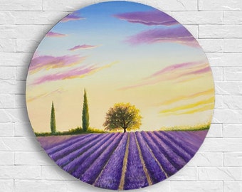 Lavender field painting Provence oil painting Summer vibe Sunset painting Landscape painting Wood panel painting Round rural painting D=12''