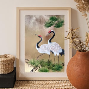 Dipinto di gru coronata rossa Arte originale Arte giapponese Chinoiserie Dipinto su foglia d'oro Dipinto di uccelli Pittura cinese Arte giapponese di metà secolo