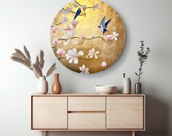 Round Gold Leaf Magnolia Original Painting, Birds Painting, Flower painting, Floral Wall Art, Japanese decor, Vintage decor, Gold Wall Decor