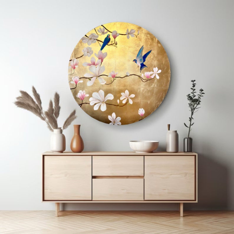Peinture originale ronde de magnolia en feuille d'or, peinture d'oiseaux, peinture de fleurs, art mural floral, décoration japonaise, décoration vintage, décoration murale dorée image 1