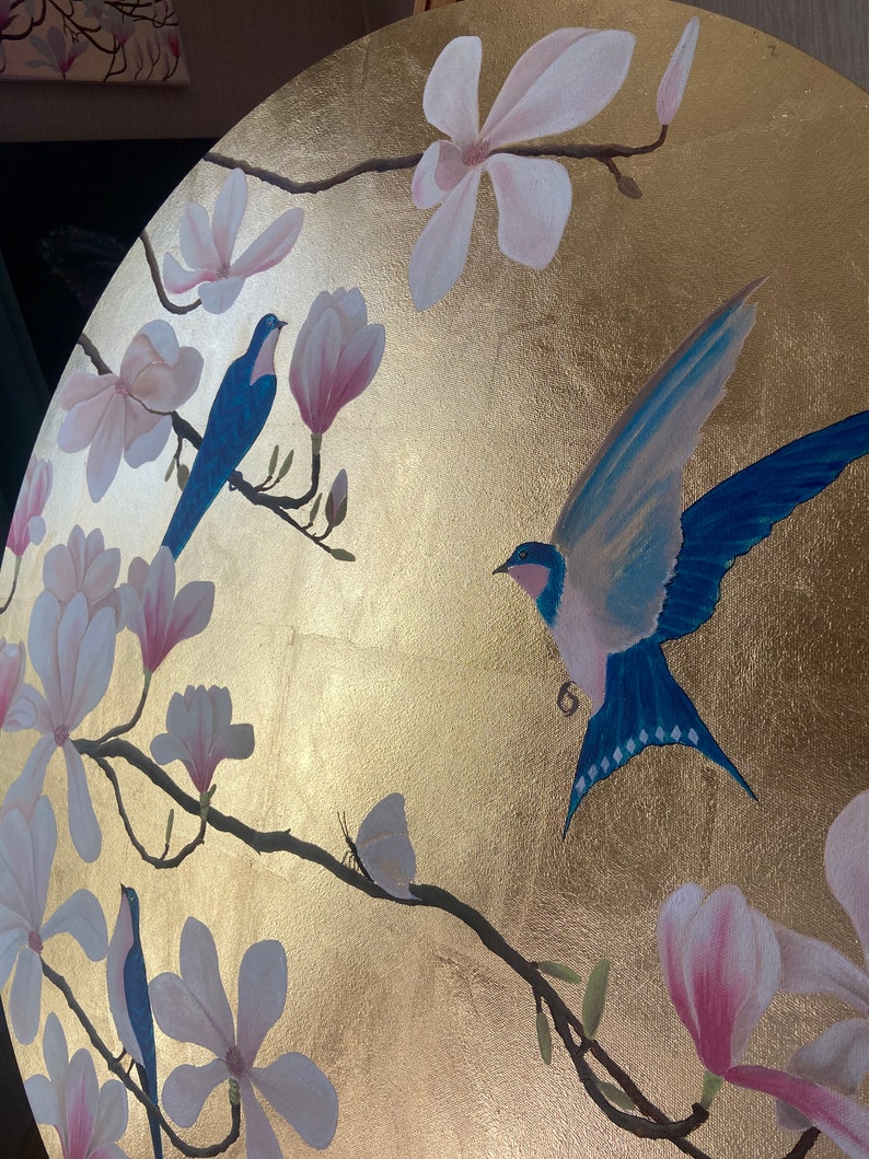 Peinture originale ronde de magnolia en feuille d'or, peinture d'oiseaux, peinture de fleurs, art mural floral, décoration japonaise, décoration vintage, décoration murale dorée image 8