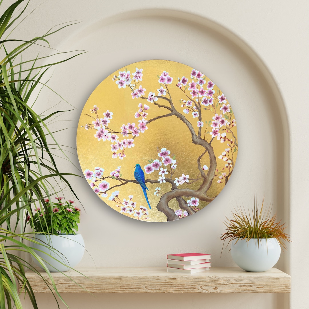 Round Gold Leaf Cherry Blossom Original Painting, Bird Painting, Flower