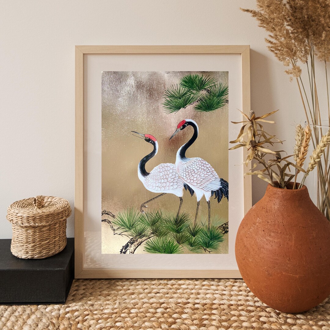 Red Crowned Cranes Painting: Japanese Gold Leaf Art, Chinoiserie Decor ...