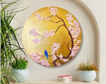 Gold Leaf Cherry Blossom Painting: Round Floral Bird Wall Art
