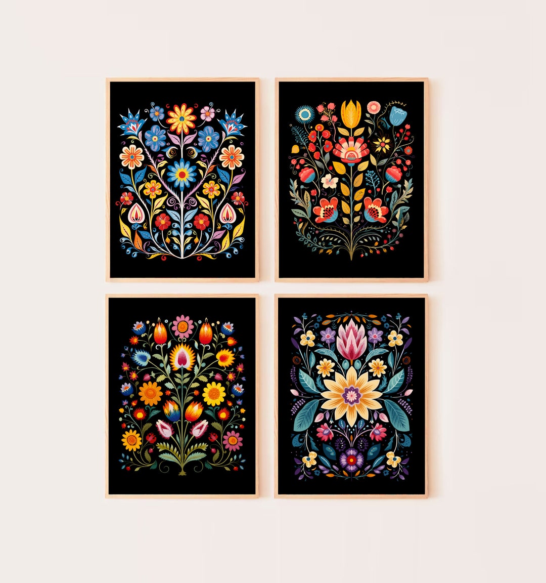 Floral Folk Art Print, Print Set of 4, Floral Wall Art, Ojibwe Floral ...