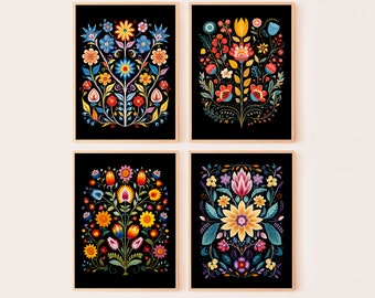 Lámina de arte popular floral, juego de 4 láminas, arte mural floral, póster floral ojibwa, lámina floral cottagecore, lámina floral boho, decoración popular para el hogar