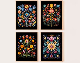 Floral folk art print, Print set of 4, Floral wall art, Ojibwe floral poster, Cottagecore floral print, Boho floral print, Folk home decor