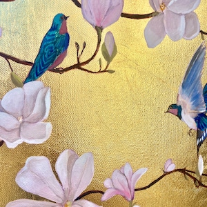 Peinture originale ronde de magnolia en feuille d'or, peinture d'oiseaux, peinture de fleurs, art mural floral, décoration japonaise, décoration vintage, décoration murale dorée image 5