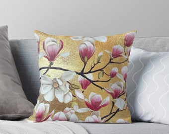 Gold leaf floral blossom Throw Pillow
