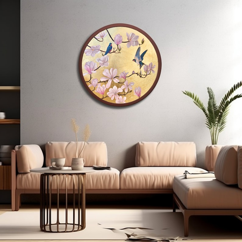 Peinture originale ronde de magnolia en feuille d'or, peinture d'oiseaux, peinture de fleurs, art mural floral, décoration japonaise, décoration vintage, décoration murale dorée image 6