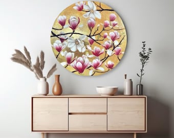 Flower blossom painting, Floral gold leaf painting, Magnolia wall art, bedroom wall decor, Magnolia floral wall art, Gold leaf painting