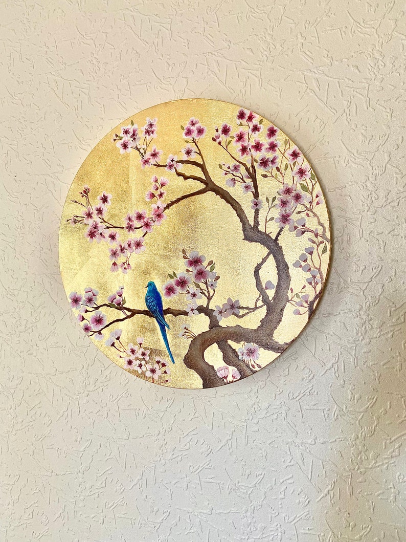Round Gold Leaf Cherry Blossom Original Painting, Bird Painting, Flower