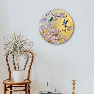 Peinture originale ronde de magnolia en feuille d'or, peinture d'oiseaux, peinture de fleurs, art mural floral, décoration japonaise, décoration vintage, décoration murale dorée image 2