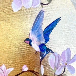 Peinture originale ronde de magnolia en feuille d'or, peinture d'oiseaux, peinture de fleurs, art mural floral, décoration japonaise, décoration vintage, décoration murale dorée image 3