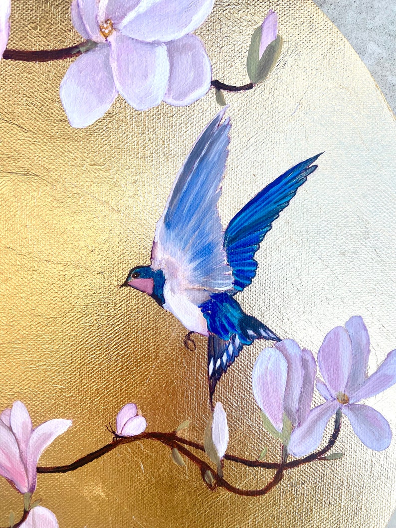 Peinture originale ronde de magnolia en feuille d'or, peinture d'oiseaux, peinture de fleurs, art mural floral, décoration japonaise, décoration vintage, décoration murale dorée image 3