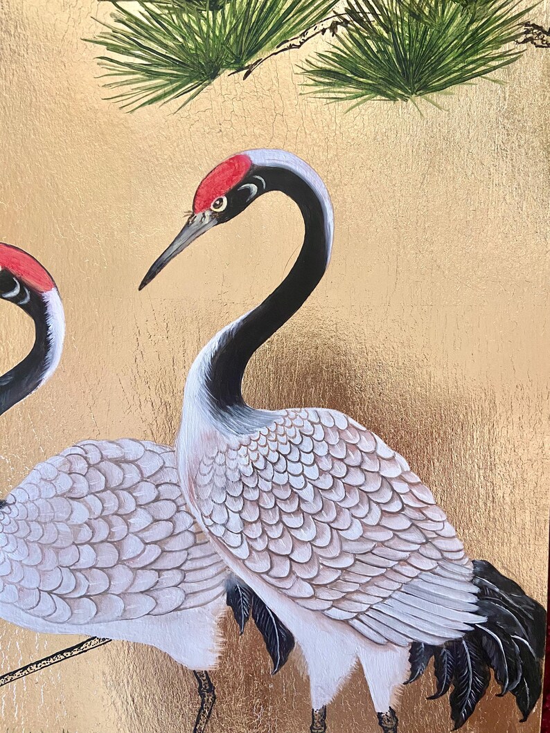 Red Crowned Cranes Painting: Japanese Gold Leaf Art, Chinoiserie Decor ...
