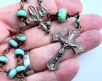 Hand wire-wrapped one decade Rosary Mint Green Czech Glass Beads/Bronze wire wrapping and vintage replica crucifix & center CHAP189