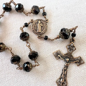 St Benedict hand wire-wrapped One Decade Pocket Rosary Jet Black Czech Glass Beads/Bronze vintage replica crucifix/St Benedict CHAP121-A