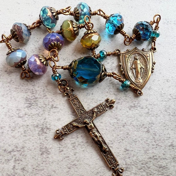 Miraculous Medal Hand wire-wrapped One Decade Rosary Multi colored Opal Pastel mix Czech glass beads Bronze vintage replica crucifix CHAP176