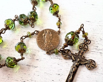 St. Patrick Hand wire-wrapped One Decade Rustic Rosary Peridot Green Czech Glass Beads/Bronze vintage replica crucifix/centerpiece CHAP172