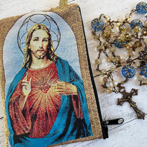 2-sided Sacred Heart icon Rosary Pouch Beautiful tapestry work 5 1/2" x 3 3/4" large woven zippered pouch TAP108