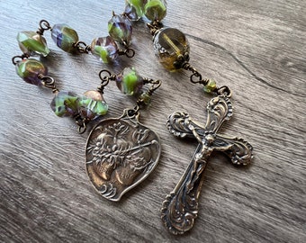 Hand wire-wrapped One Decade Twin Hearts Tenner Rosary Bronze washed Green Czech Glass Beads/Bronze vintage replica crucifix CHAP134
