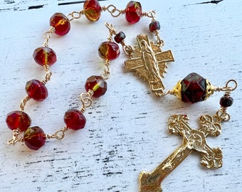 Virgin Mary hand wire-wrapped One Decade Rosary Red iridescent Czech Glass Beads/Gold vermeil vintage replica crucifix CHAP107