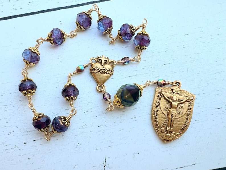 Sacred Heart of Jesus Hand Wire-wrapped One Decade Rosary Purple Czech ...