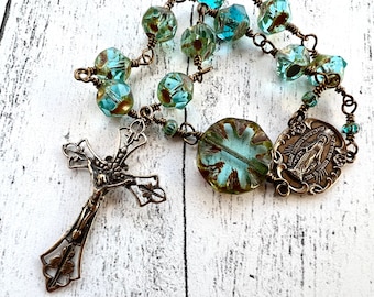 Miraculous Medal Hand Wire-wrapped 1 Decade Rustic Rosary Aqua Green Czech Glass Beads/Bronze vintage replica crucifix & centerpiece CHAP125