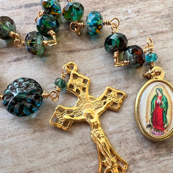 Our Lady of Guadalupe Hand wire-wrapped One Decade Rosary Tenner Capri Blue/Topaz Czech Glass Beads/Matt Gold plate crucifix CHAP152