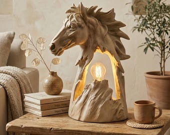 Wide Faux Wood Horse Lamp, Rustic Resin Split Log Table Light, Vintage Bedside Statue