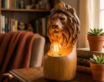 Faux Wood Lion Head Table Lamp | Resin Carved Animal Night Light, Rustic Home Decor