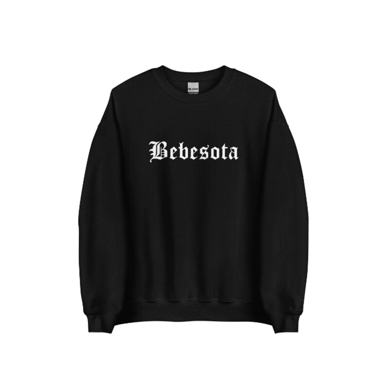 May include: Black sweatshirt with white text that reads "Bebesota" in a gothic font.