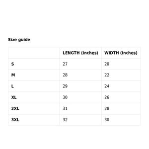 May include: Size guide chart for clothing with measurements in inches. The chart shows the length and width of different sizes, from S to 3XL.