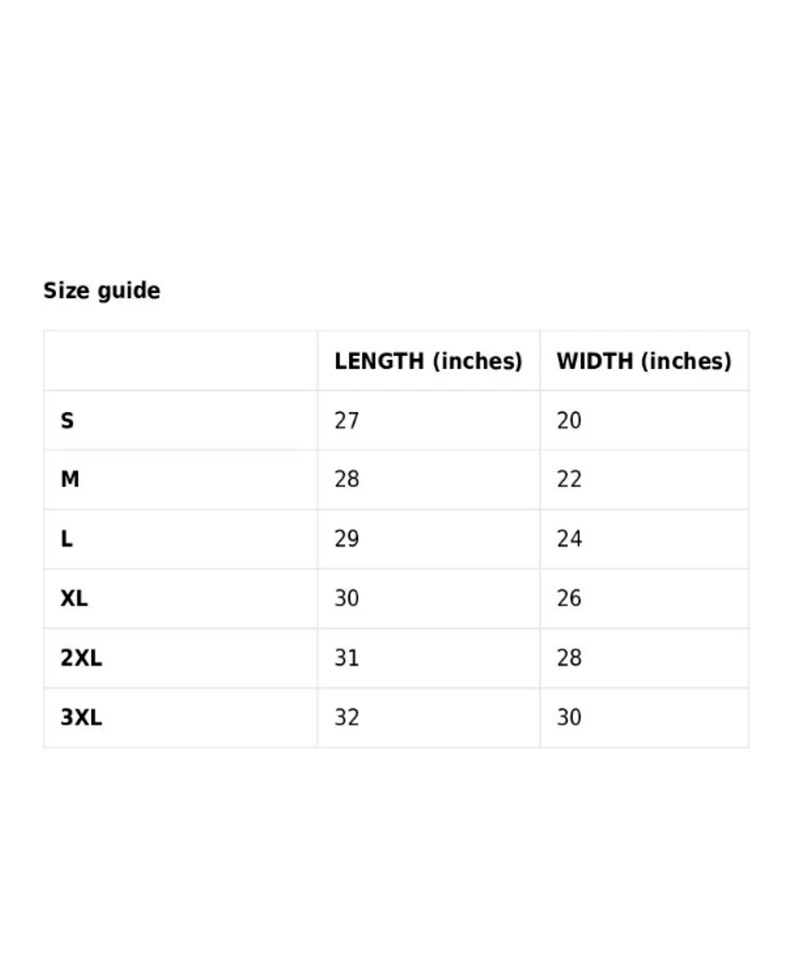 May include: Size guide chart for clothing with measurements in inches. The chart shows the length and width of different sizes, from S to 3XL.
