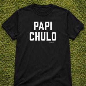 May include: Black t-shirt featuring the words "PAPI CHULO" in large white capital letters. The phrase is centered, with a signature below. The shirt is shown on a green surface.