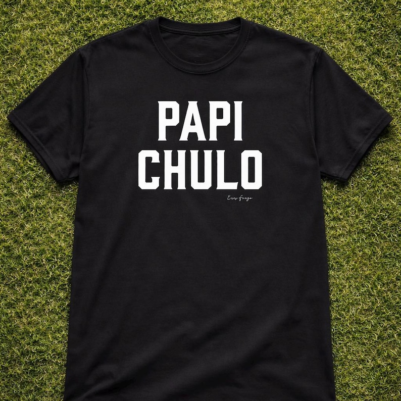May include: Black t-shirt featuring the words "PAPI CHULO" in large white capital letters. The phrase is centered, with a signature below. The shirt is shown on a green surface.