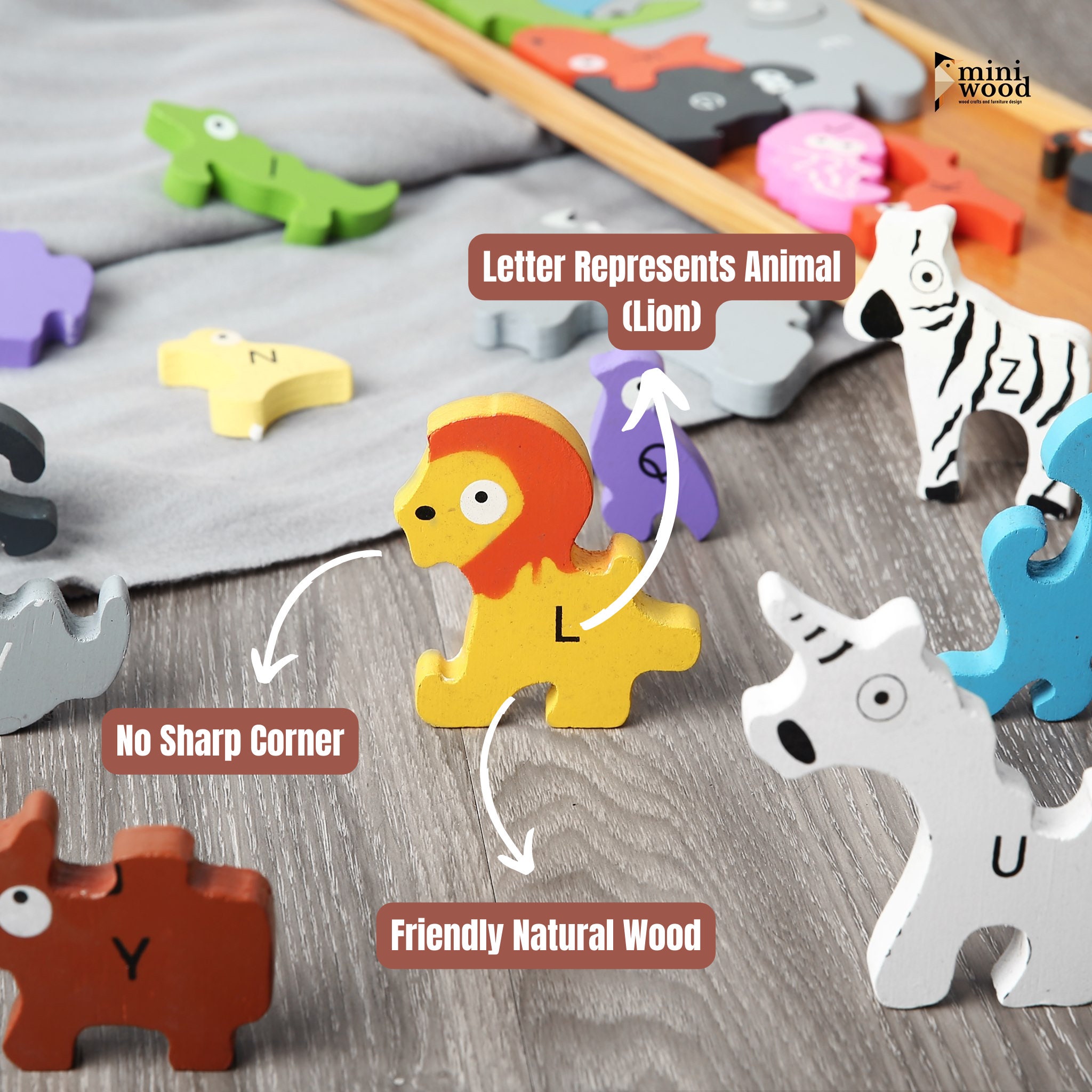 Wood Alphabet Puzzle With Animals Shapes Montessori Toy Learning Toys