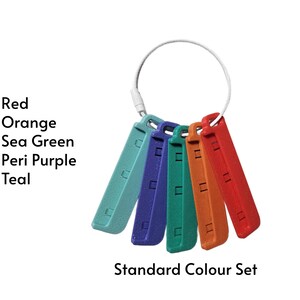 May include: A set of five rectangular plastic tags in red, orange, sea green, peri purple, and teal, held together by a white circular cable. The text reads: Red, Orange, Sea Green, Peri Purple, Teal, Standard Colour Set.