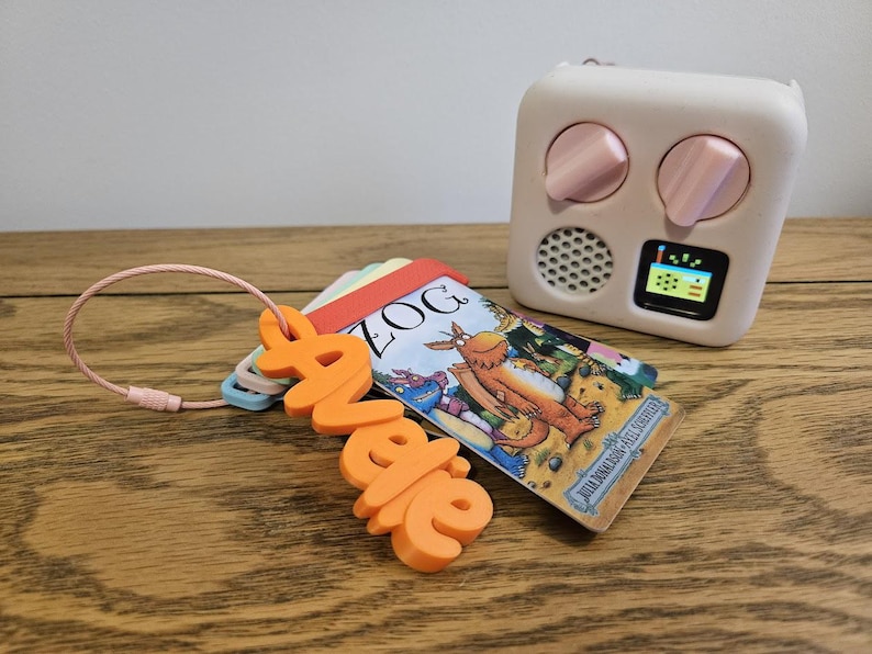 May include: A light pink audio player with two knobs, a speaker grille, and a small digital screen, positioned next to a set of plastic cards on a pink wire ring. One orange plastic tag features the name "Avelle" in raised, bold, sans-serif letters.