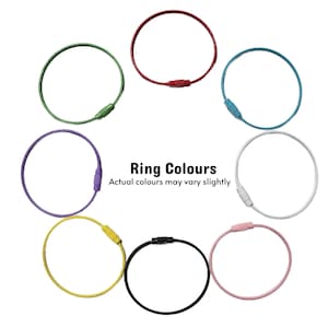 May include: Eight circular wire rings in red, green, blue, white, pink, black, yellow, and purple, each featuring a screw-type barrel connector. The text in the center reads: Ring Colours. Actual colours may vary slightly.