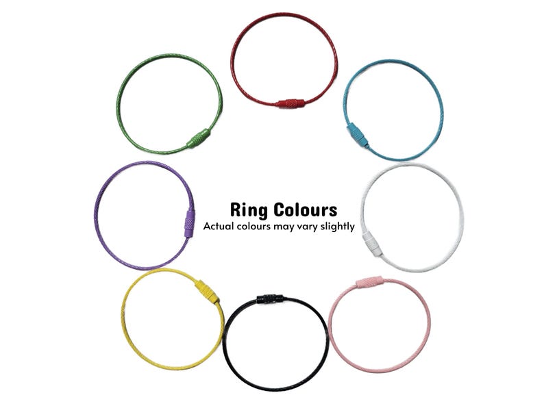 May include: Eight circular wire rings in red, green, blue, white, pink, black, yellow, and purple, each featuring a screw-type barrel connector. The text in the center reads: Ring Colours. Actual colours may vary slightly.